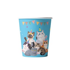 Cute cat themed birthday party disposable paper cups with colorful kitten illustrations