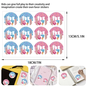Detail of 12 round stickers with baseball donuts and ice cream designs for birthday parties