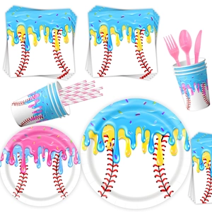 Baseball ice cream theme party set with paper plates cups and striped straws decoration