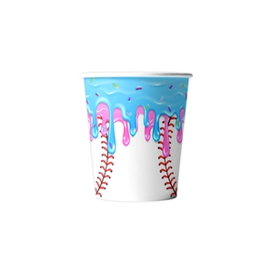 Baseball ice cream themed disposable paper cup with red stitching and melted topping
