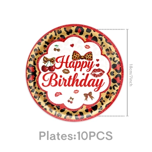 Detail of 7-inch cherry leopard print birthday paper plates with Happy Birthday text