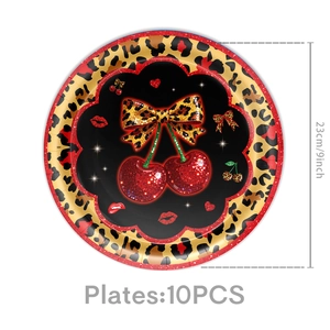 9-inch cherry leopard print party paper plates set of 10 featuring glitter bow details