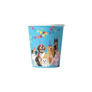 Gobelet en papier thème chien bleu clair avec chiots de dessin animé et chapeaux