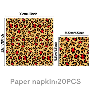 Detailed view of 20PCS leopard print paper napkins showing folded and unfolded dimensions