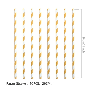 Set of 10 striped yellow and white paper straws measuring 20cm or 7.9 inches in length