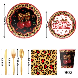 Cherry leopard print party tableware set with Happy Birthday paper plates and gold cutlery
