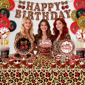 Cherry leopard print party decoration set with plates, cups, napkins and birthday balloons