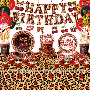 Cherry Leopard Theme Birthday Party Supplies Set Leopard Print Paper Plates Cups Napkins Tablecloth Banner Balloons Cake Toppers Disposable Tableware Decor
