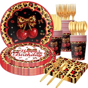 Leopard cherry birthday party supplies set with paper plates cups and gold cutlery