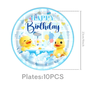 Close-up of 9-inch disposable paper plates featuring cute yellow ducks for birthday party