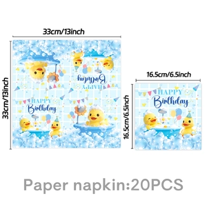 Detail of yellow duck theme paper napkins showing folded and 33cm unfolded sizes