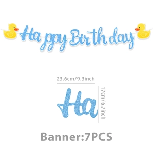 Blue glitter Happy Birthday banner with yellow duck motifs, size 6.7x9.3 inch, 7PCS set