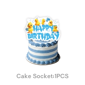 Close-up of Happy Birthday cake topper with yellow duck theme on striped cake