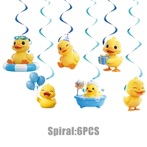 Set of six yellow duck themed spiral hanging decorations for kids birthday party events
