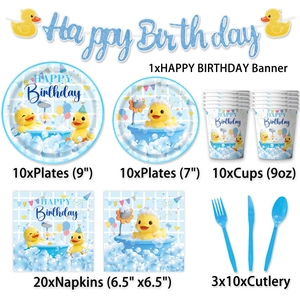Rubber duck birthday party tableware set with blue banner, plates, cups and napkins
