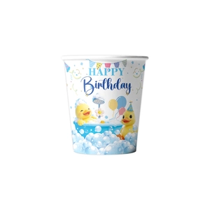 Disposable paper cup for yellow duck themed birthday party with Happy Birthday print