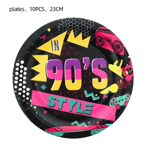 Detailansicht von 23cm Retro 90er Party-Papptellern mit Neon-Geometrie-Mustern