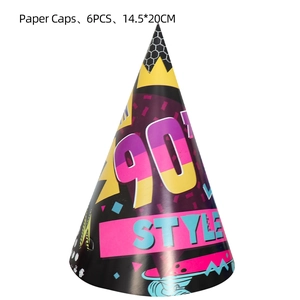 6er-Set Retro-Partyhüte im 90er-Jahre-Stil mit Neon-Aufdruck für bunte Geburtstagsfeiern