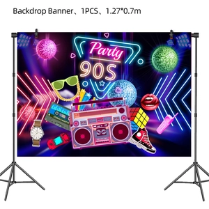 Retro 90er Party-Hintergrund mit Neon-Diskokugel und Kassettenmustern, Größe 1,27x0,7 Meter