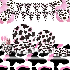 Pink Black Cow Print Birthday Party Tableware Set Decoration Paper Plates Cups Napkins Banner Balloons Tablecloth Party Supplies
