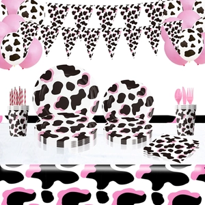 Pink cow theme birthday party set including balloons tableware and banner decoration