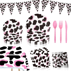 Pink and black cow print party tableware set with plates, cups, napkins and pennant banner