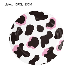 Set of 10 pink and black cow print paper plates for birthday party, 23cm diameter