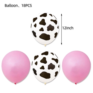 Detail of 12-inch cow print and pink latex balloons set for birthday party decorations