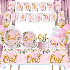 Pink Floral First Birthday Party Decorations One Year Old Girl Birthday Supplies Paper Plates Cups Napkins Banners Balloons