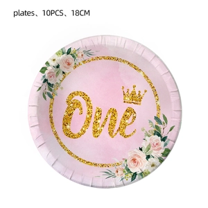 Detail of 10-piece set of 18cm pink and gold floral ONE birthday party paper plates