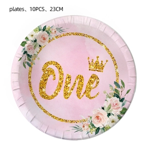 Close-up of 10-piece floral 1st birthday paper plates with gold 'One' crown design