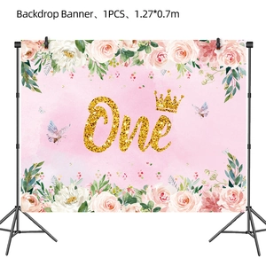 Floral baby first birthday backdrop with gold glitter One text and crown 1.27x0.7m
