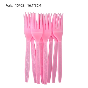 Set of 10 disposable pink plastic forks measuring 16.1x3cm for baby birthday parties