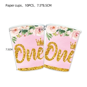 Floral pink 1st birthday paper cups with gold glitter One crown design, 10 piece set