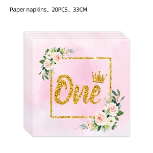 Floral pink and gold One birthday paper napkins with crown and roses for 1st party decoration