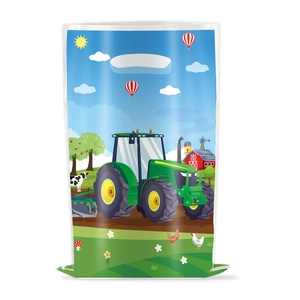 Sac cadeau thème ferme avec tracteur vert, grange et moulin sur fond blanc épuré