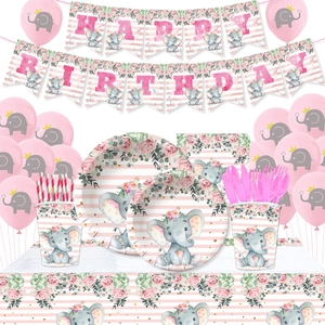 Kit Décoration Fête Anniversaire Thème Éléphant Rose Pour Enfants Assiettes Gobelets Serviettes Bannière Nappe Éléphant Dessin Animé