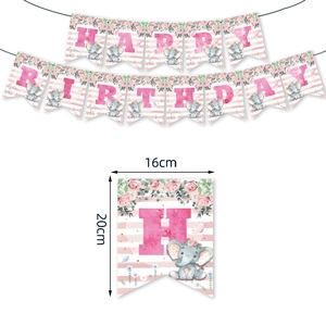 Banderole Joyeux Anniversaire éléphant rose avec motifs floraux et fond rayé