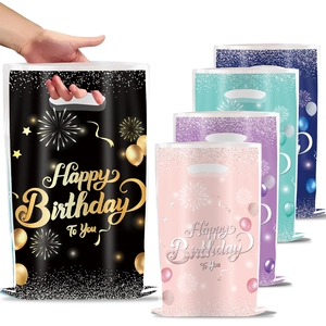 Five colorful pearlescent birthday gift bags with handles and glitter balloon prints