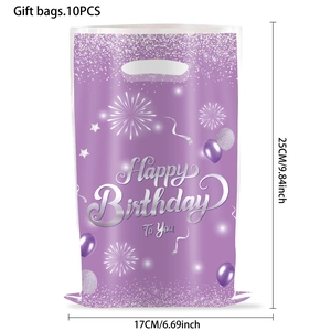 Detail showing dimensions of purple Happy Birthday gift bags set with handle