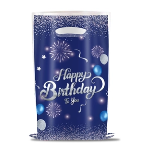 Detail of dark blue pearlescent gift bag with silver Happy Birthday lettering and balloons