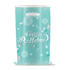 Close-up of light blue birthday gift bag with silver Happy Birthday To You script