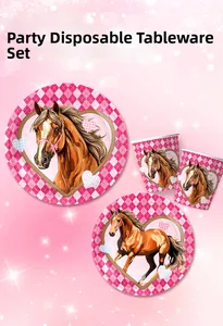 Detailed set of pink horse theme disposable paper plates and cups for party decoration