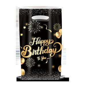 10-piece black pearlescent gift bag with golden Happy Birthday balloons and stars print