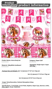 Pink plaid horse birthday party tableware set dimensions and specifications details