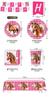 Pink checkered horse party set dimensions for banner cups plates and tablecloth