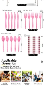 Pink equestrian party set with disposable plastic cutlery, straws and sizing details