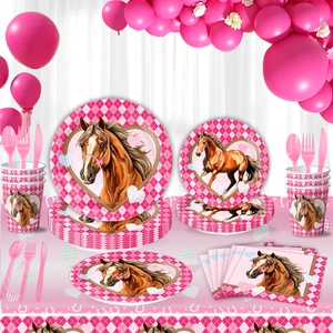 Pink Horse Birthday Party Supplies Set Disposable Gingham Tableware Paper Plates Cups Napkins Tablecloth Banner For Girls