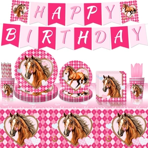 Pink checkered horse themed birthday party tableware set with plates cups and napkins