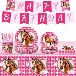 Pink horse theme birthday party tableware set with plates cups napkins and banners